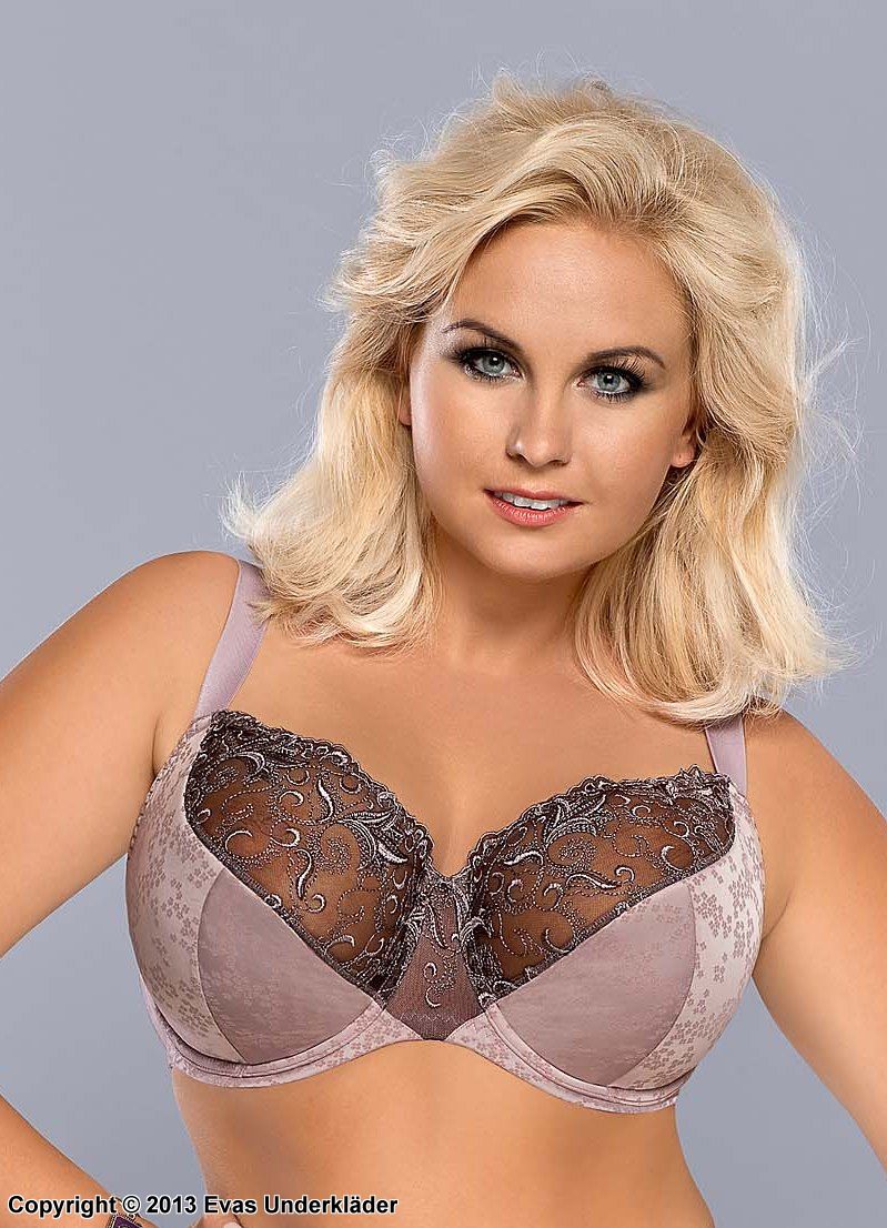Romantic bra, intricate lace, partially sheer cups, B to L-cup